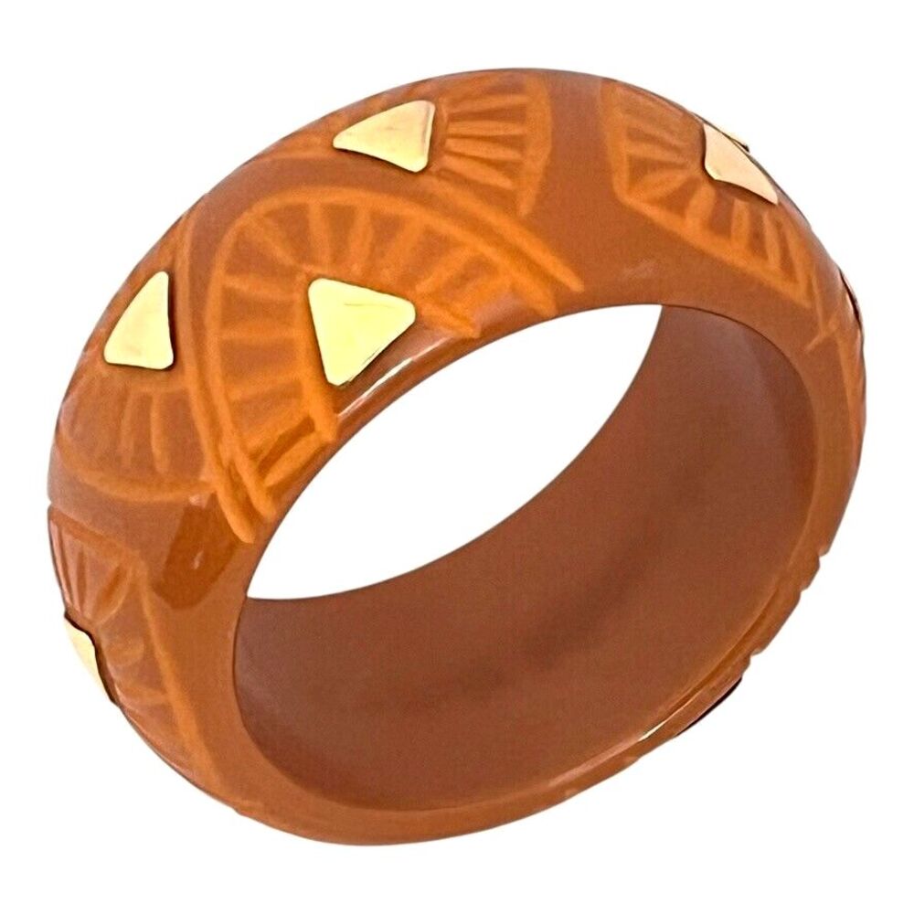 Vintage 1940s Bakelite Bangle Bracelet Carved Studded Wide Amber - BB1